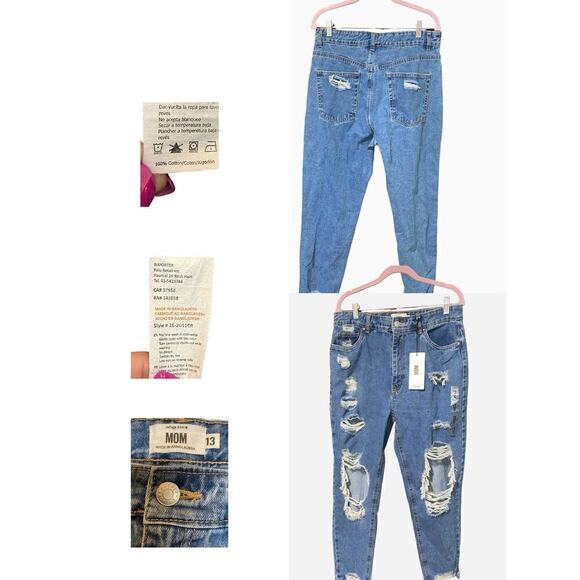 NWT Refuge Denim Distressed MOM Jeans, made in Bangladesh.  Juniors Size 13 - Picture 1 of 7